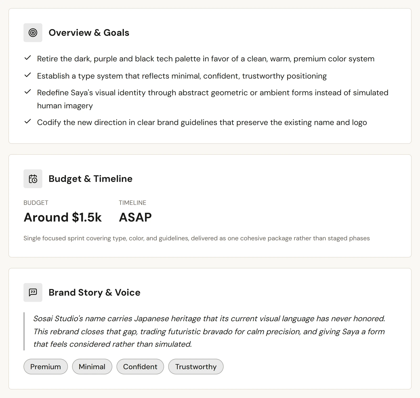 A finished brief showing goals, budget and timeline, brand story and audience
